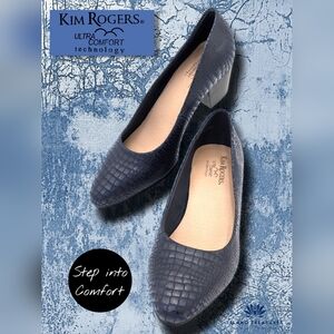 Kim Rogers Iona Sz 7.5 Navy Blue Ultra Comfort Soles Reptile Textured Block Heel